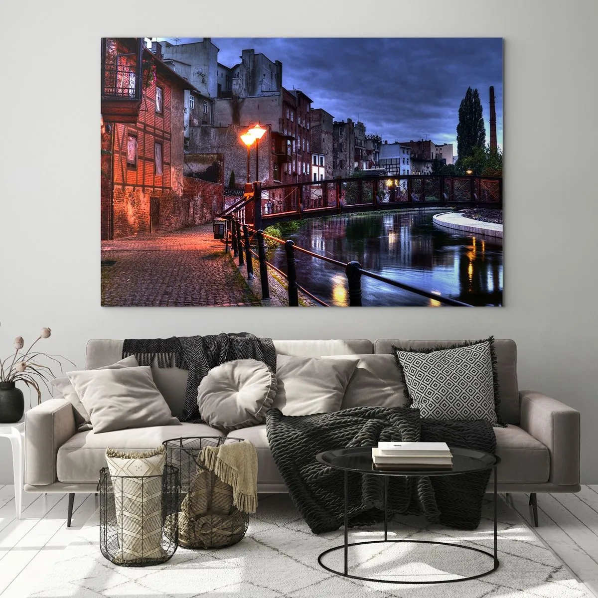 Glass picture - A charming street along the canal with a bridge and evening lighting - 70x50cm - Bydgoszcz You Did Not Know - Modern wall decoration for the living room and bedroom ARTTOR