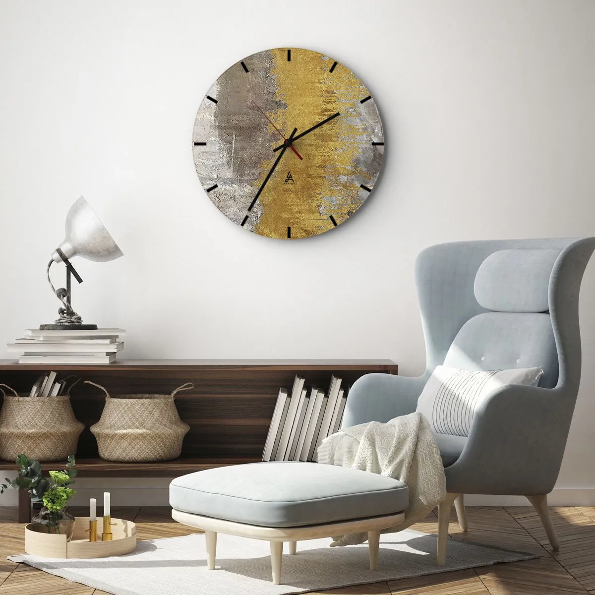 Wall clock - Clock on glass - Gold-gray texture in an abstract style - 30x30cm - Golden Blast - Modern wall decoration for the living room, kitchen, and bedroom ARTTOR