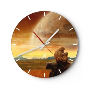Wall clock - Clock on glass - Monkeys in a cosmic landscape with a huge moon in the background - 30x30cm - Love Is the Same Everywhere - Modern wall decoration for the living room, kitchen, and bedroom ARTTOR