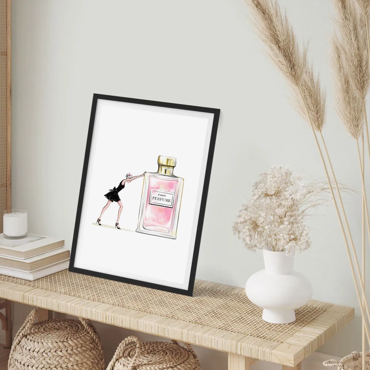 Poster in black frame - Illustration of a perfume bottle with a woman's silhouette in a dress - 50x70cm - The Essence of Womanhood - Modern wall decoration for the living room and bedroom ARTTOR