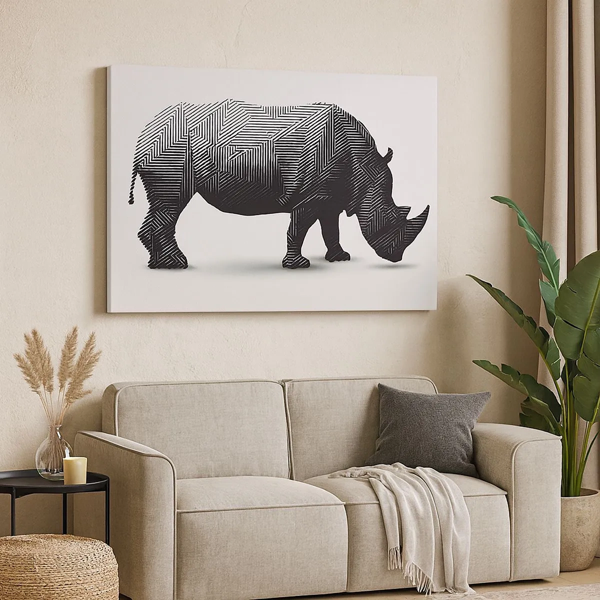 Canvas picture - Graphic silhouette of a rhinoceros in a black and white pattern - 70x50cm - Geometric Beauty of Nature - Modern wall decoration for the living room and bedroom ARTTOR