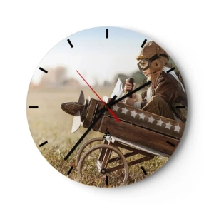 Wall clock - Clock on glass - A boy in a pilot costume in a wooden plane - 30x30cm - Take off for a Dream - Modern wall decoration for the living room, kitchen, and bedroom ARTTOR