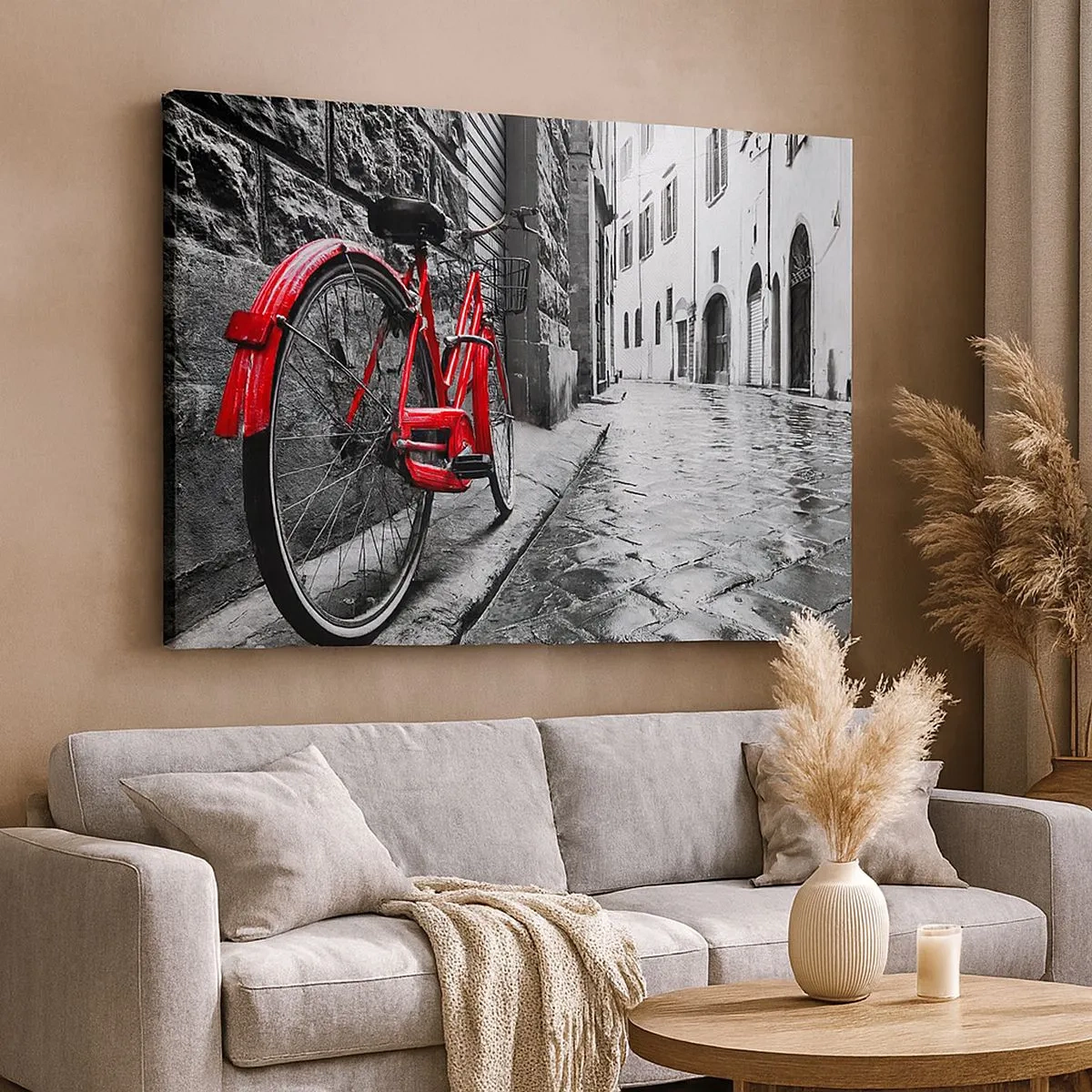 Canvas picture - Red bike in a black and white street - 70x50cm - Real Beauty Does Not Age - Modern wall decoration for the living room and bedroom ARTTOR