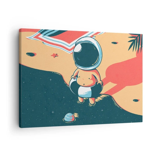 Canvas picture - Funny astronaut on the beach with space elements in the background - 70x50cm - From a Different Perspective - Modern wall decoration for the living room and bedroom ARTTOR