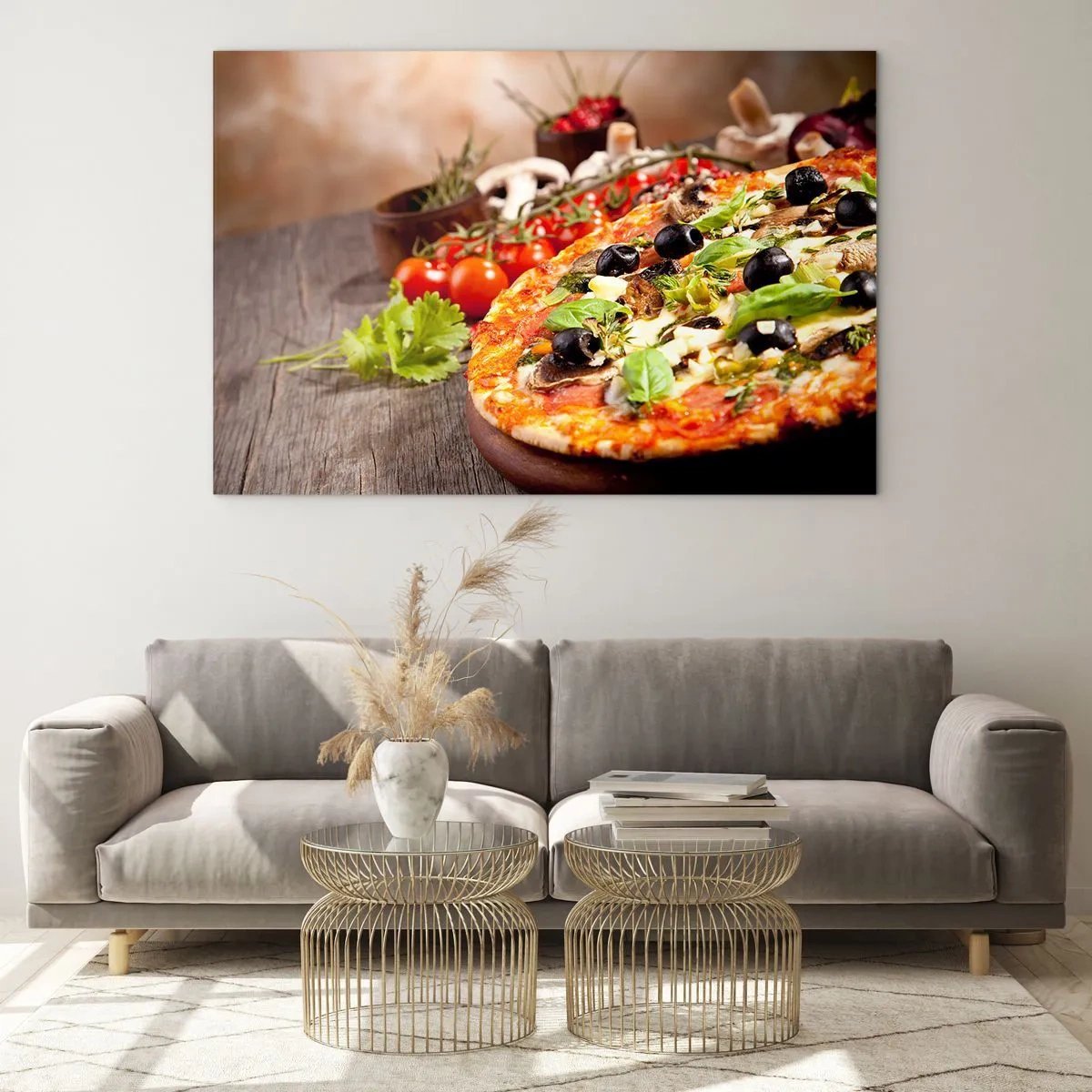 Glass picture - Pizza with olives, mushrooms and fresh herbs on a wooden table - 70x50cm - Earthly Ingredients - Modern wall decoration for the living room and bedroom ARTTOR