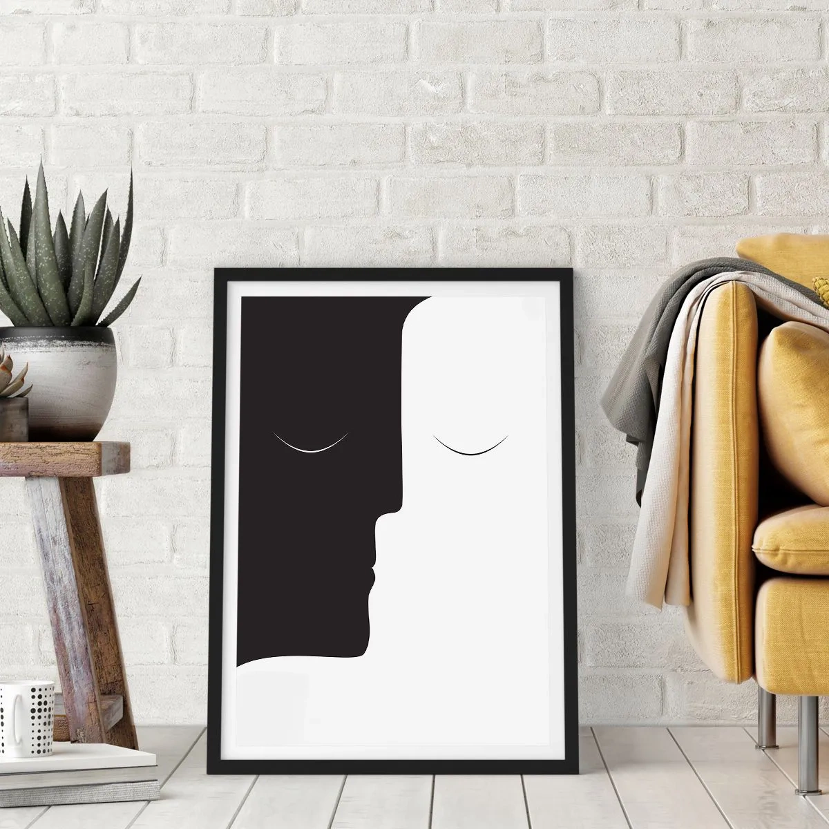 Poster in black frame - A minimalist graphic of two faces in black and white creating a unity. - 50x70cm - Unity of Opposites - Modern wall decoration for the living room and bedroom ARTTOR