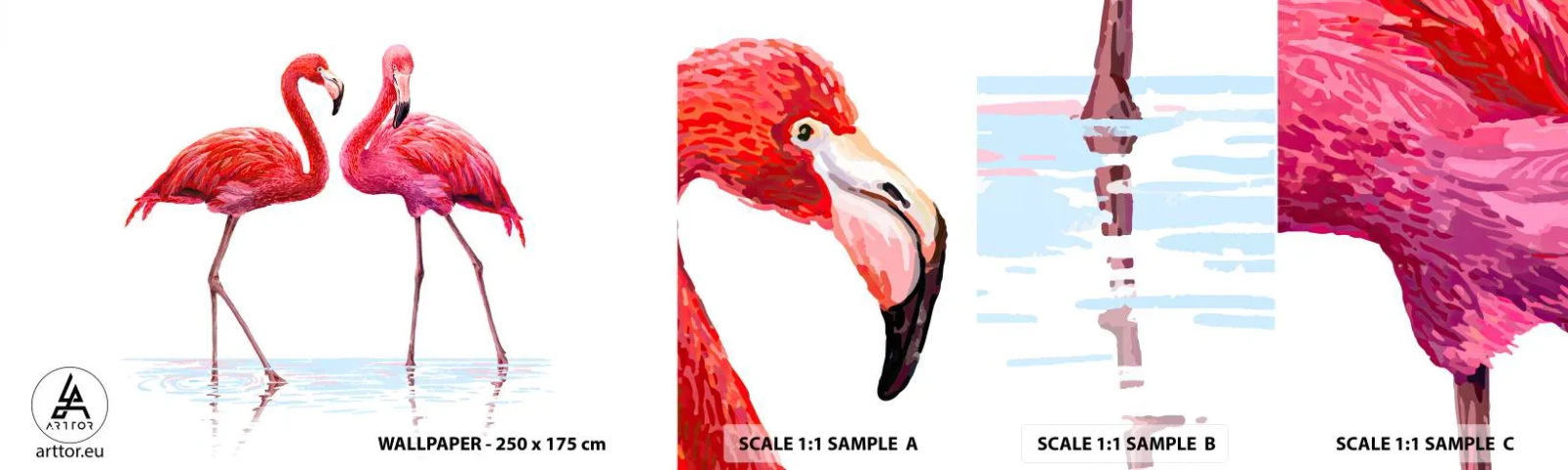 Photo Wallpaper Sample Self-Adhesive Deluxe Sticker - Pink Rendezvous - Flamingos, Birds, Piece - 100x30 cm