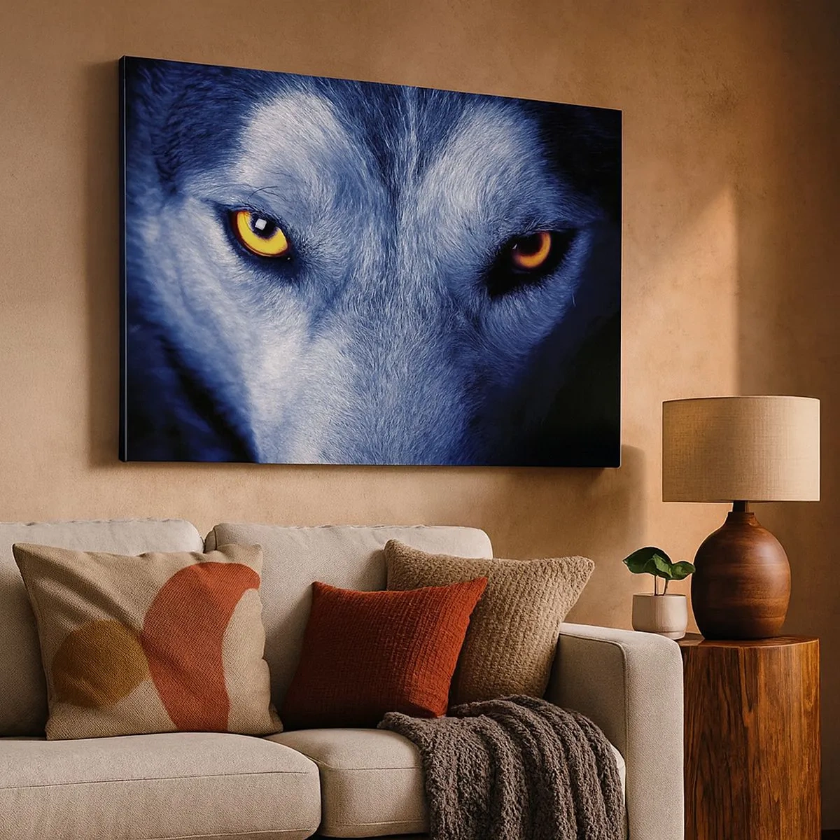 Canvas picture - Close-up of a wolf's intense gaze against a dark background - 70x50cm - Mesmerising Look - Modern wall decoration for the living room and bedroom ARTTOR