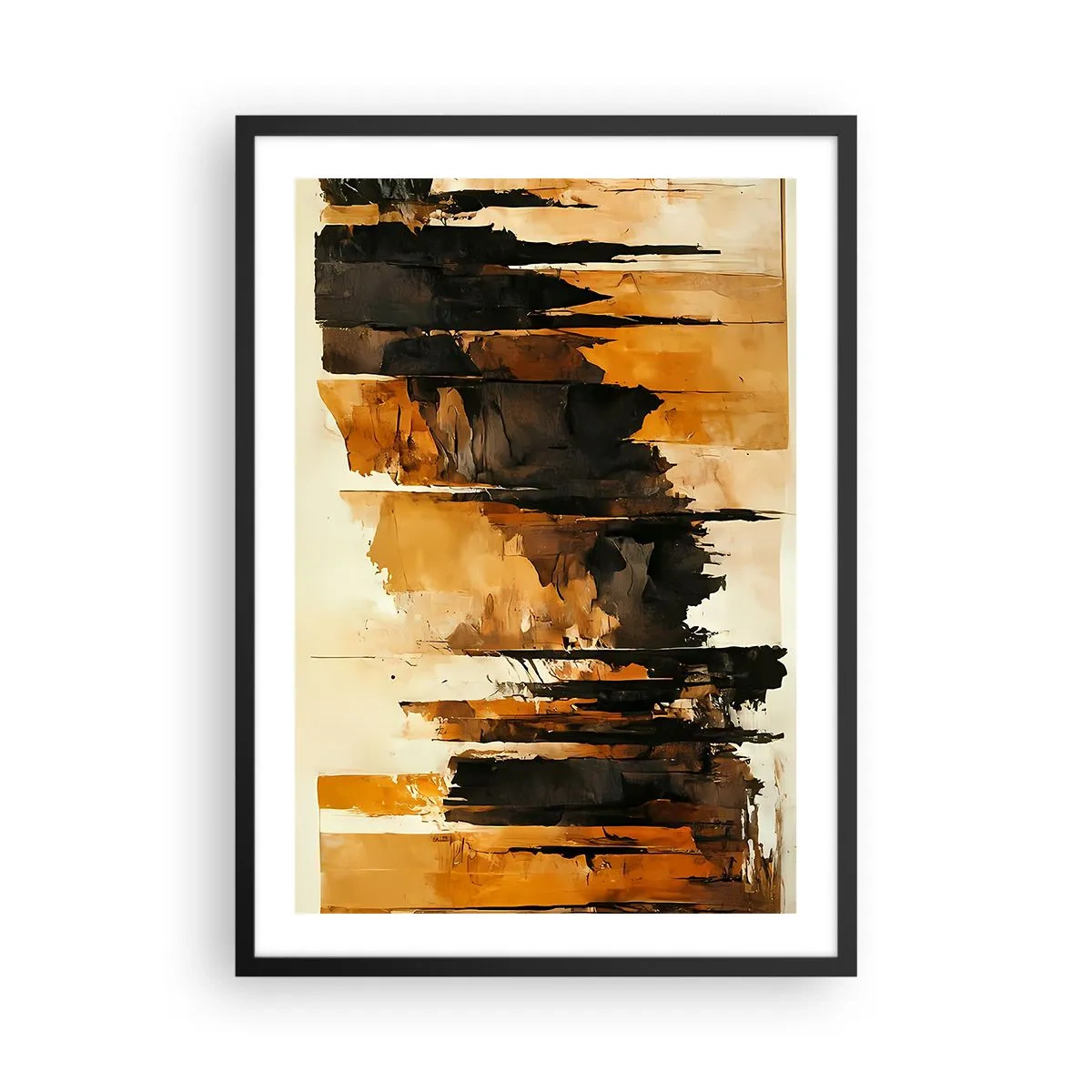 Poster in black frame - An abstract composition in warm browns and black. - 50x70cm - Harmony of Black and Gold - Modern wall decoration for the living room and bedroom ARTTOR