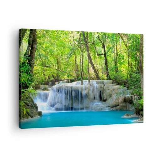 Canvas picture - A waterfall among green trees with blue water in a natural setting - 70x50cm - Drowning in Turquoise and Green - Modern wall decoration for the living room and bedroom ARTTOR