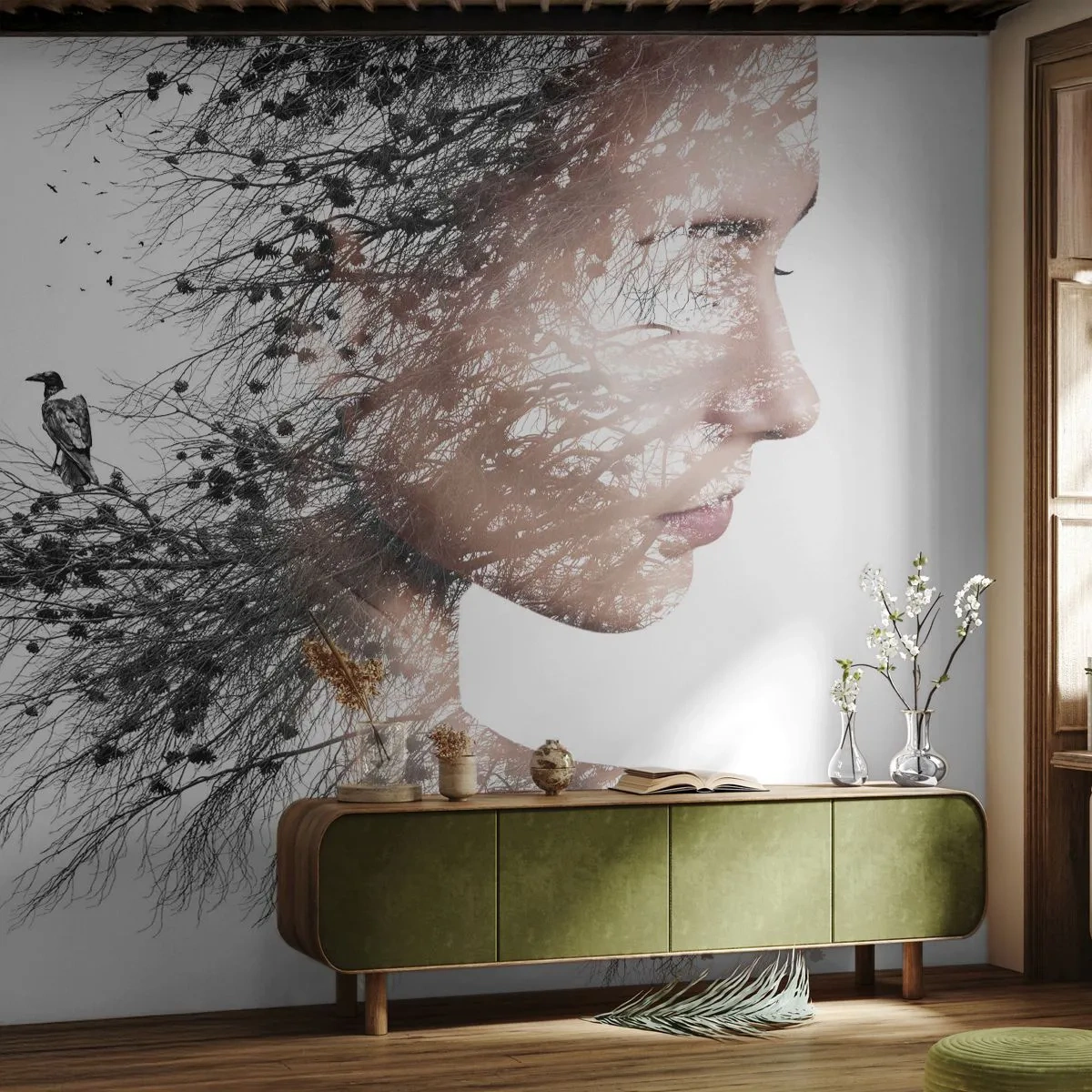 Photo Wallpaper Premium Sand - Spirit of a Forest - Abstraction, Woman's Face, Tree - 100x70 cm