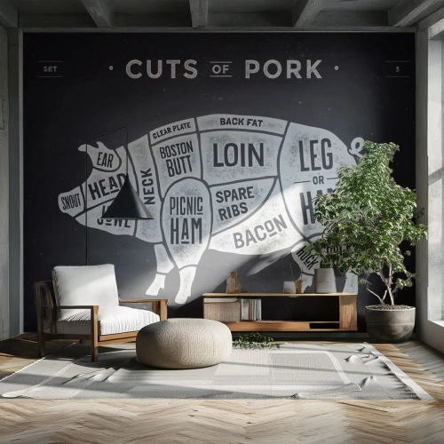 Photo Wallpaper Premium Sand - Butcher's Primer - Gastronomy, Animal Pig, Pork - 450x315 cm