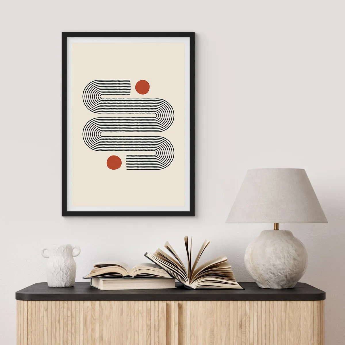 Poster in black frame - Geometric pattern with lines and red circles - 50x70cm - From Beginning till the End - Modern wall decoration for the living room and bedroom ARTTOR