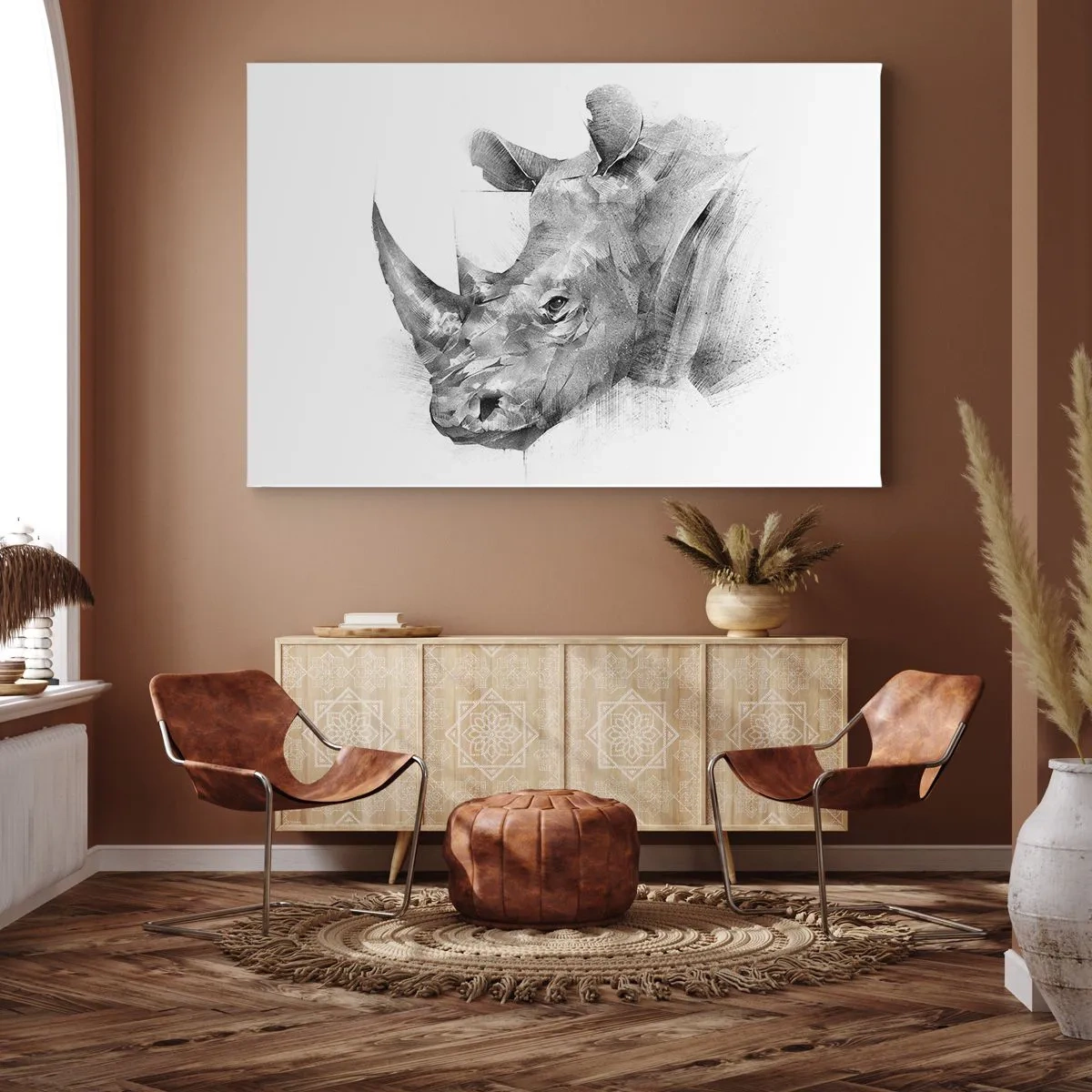 Canvas picture - Artistic portrait of a rhinoceros in black and white - 70x50cm - African Portrait - Modern wall decoration for the living room and bedroom ARTTOR