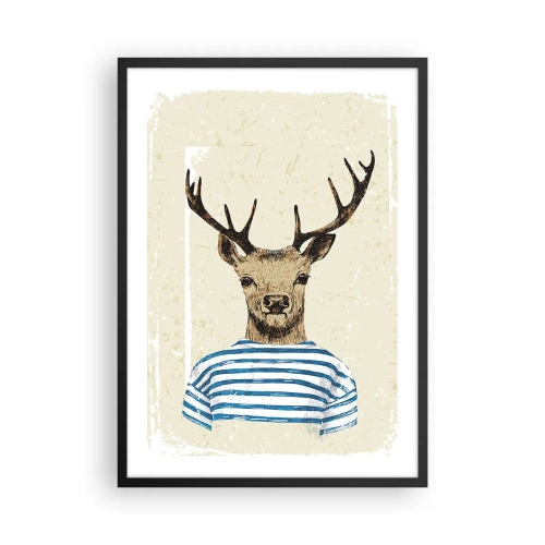 Poster in black frame - Graphic of a deer in sailor's clothing - 50x70cm - Becaue I Like Striped T-Shirts - Modern wall decoration for the living room and bedroom ARTTOR