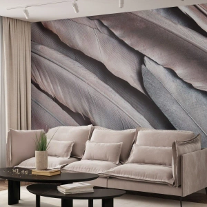Custom Wallpaper Premium Canvas - In Pink Silverness - Bird's feather, Graphics, Boho