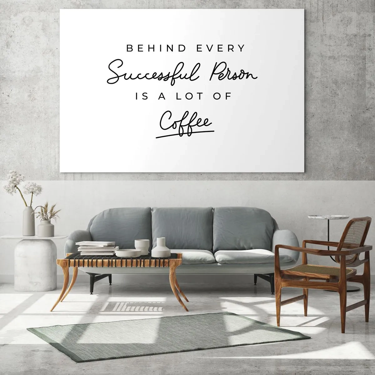 Glass picture - A motivational quote about success and coffee in a minimalist style. - 70x50cm - Secret of Success - Modern wall decoration for the living room and bedroom ARTTOR