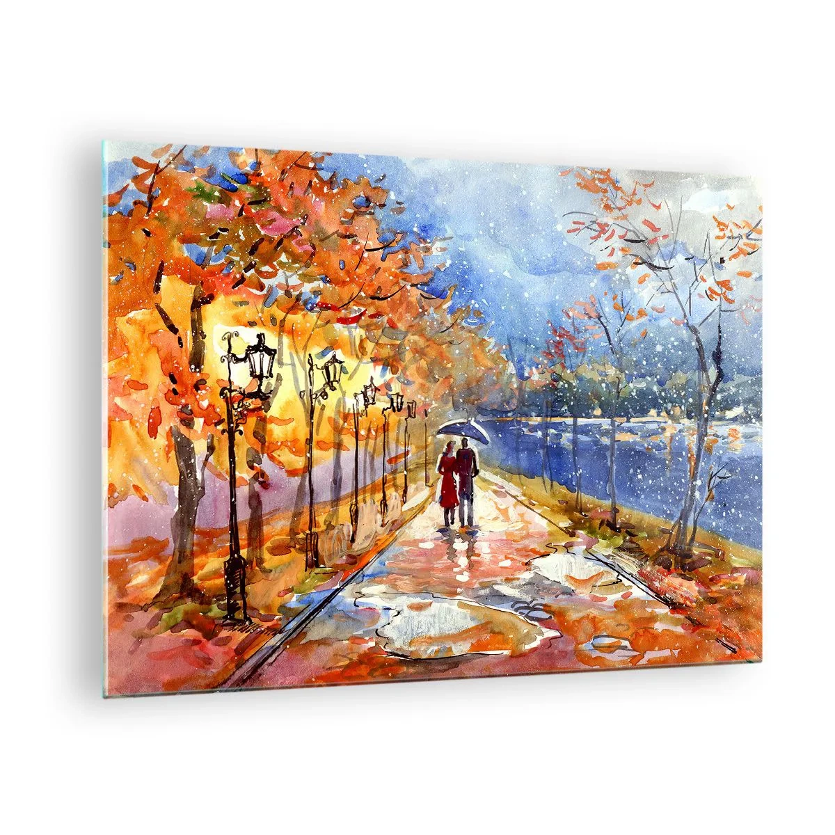 Glass picture - An autumn walk along the avenue with colorful leaves and lanterns - 70x50cm - Together to the Limit of Time  - Modern wall decoration for the living room and bedroom ARTTOR