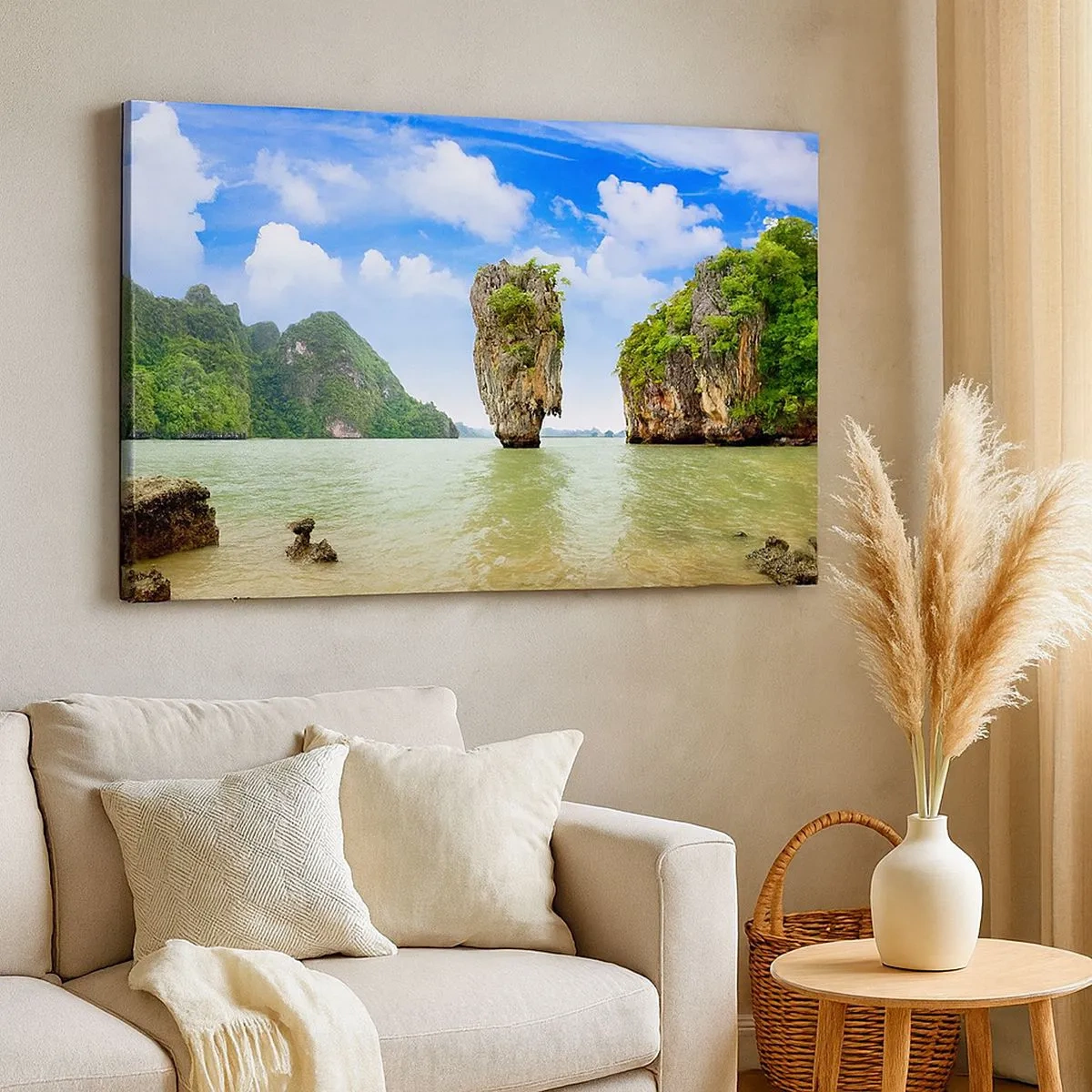 Canvas picture - An exotic rock formation surrounded by water and greenery under a blue sky. - 70x50cm - Rocky Oddities of Nature - Modern wall decoration for the living room and bedroom ARTTOR