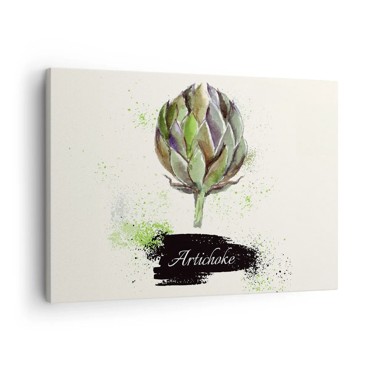 Canvas picture - Watercolor artichoke with text on a light background with green accents - 70x50cm - Eviva Vegetables! - Modern wall decoration for the living room and bedroom ARTTOR