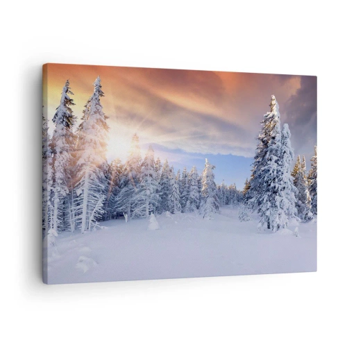 Canvas picture - Winter landscape with a snow-covered forest at sunset - 70x50cm - Snowy Spectacle of Nature - Modern wall decoration for the living room and bedroom ARTTOR