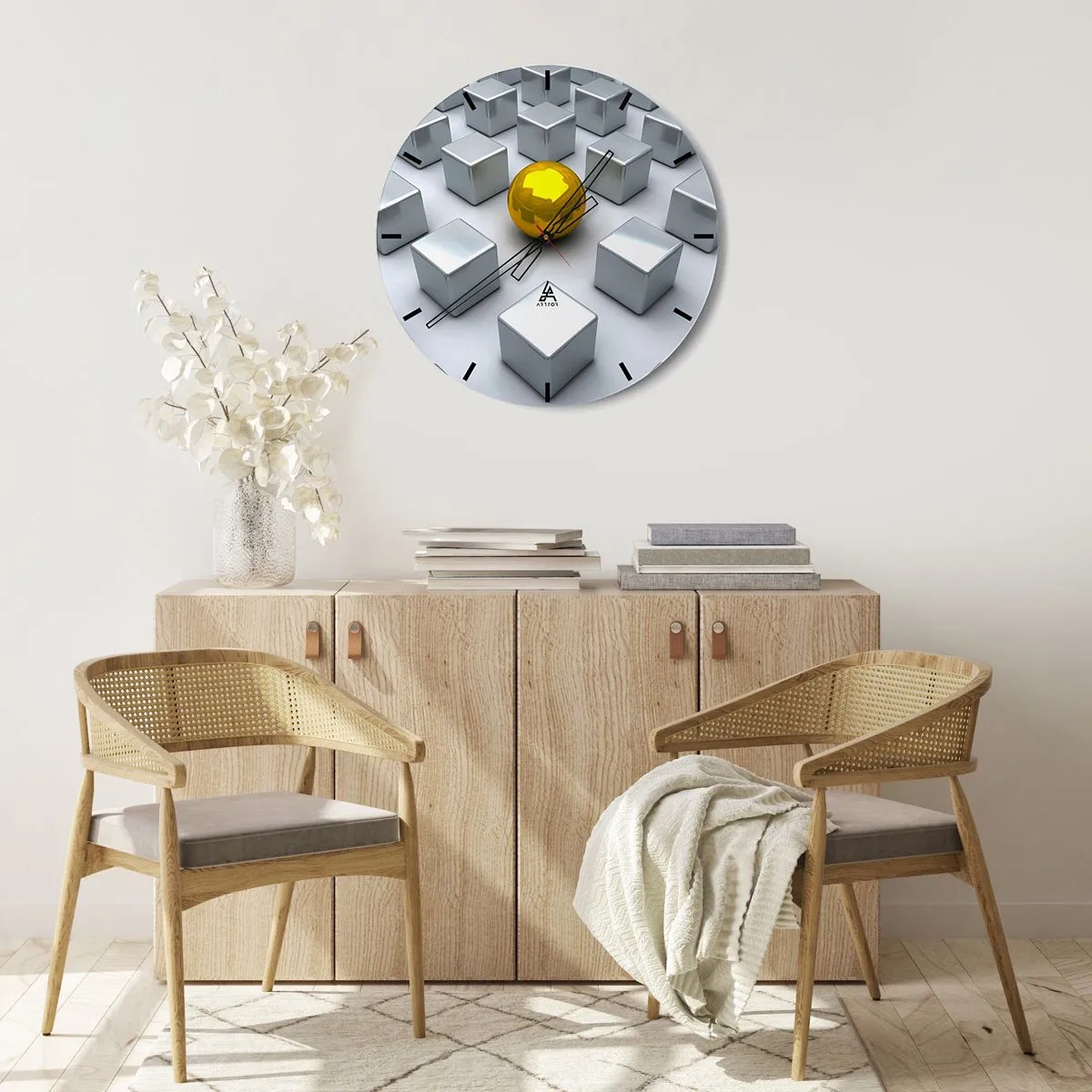 Wall clock - Clock on glass - A golden ball among silver cubes - 30x30cm - Why Me? Geometric Composition. - Modern wall decoration for the living room, kitchen, and bedroom ARTTOR