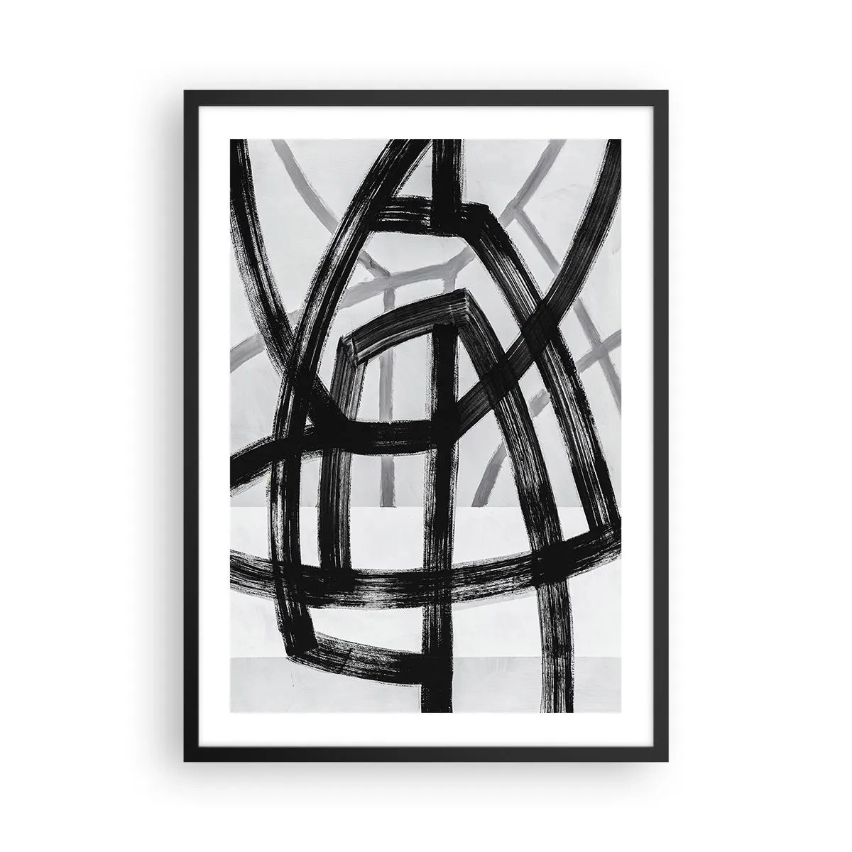 Poster in black frame - Geometric black lines on a light background in an abstract composition - 50x70cm - Building Depth - Modern wall decoration for the living room and bedroom ARTTOR