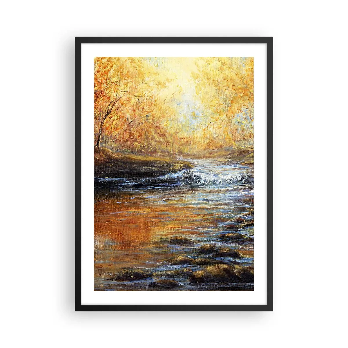 Poster in black frame - An autumn stream surrounded by golden trees - 50x70cm - Golden Brook - Modern wall decoration for the living room and bedroom ARTTOR
