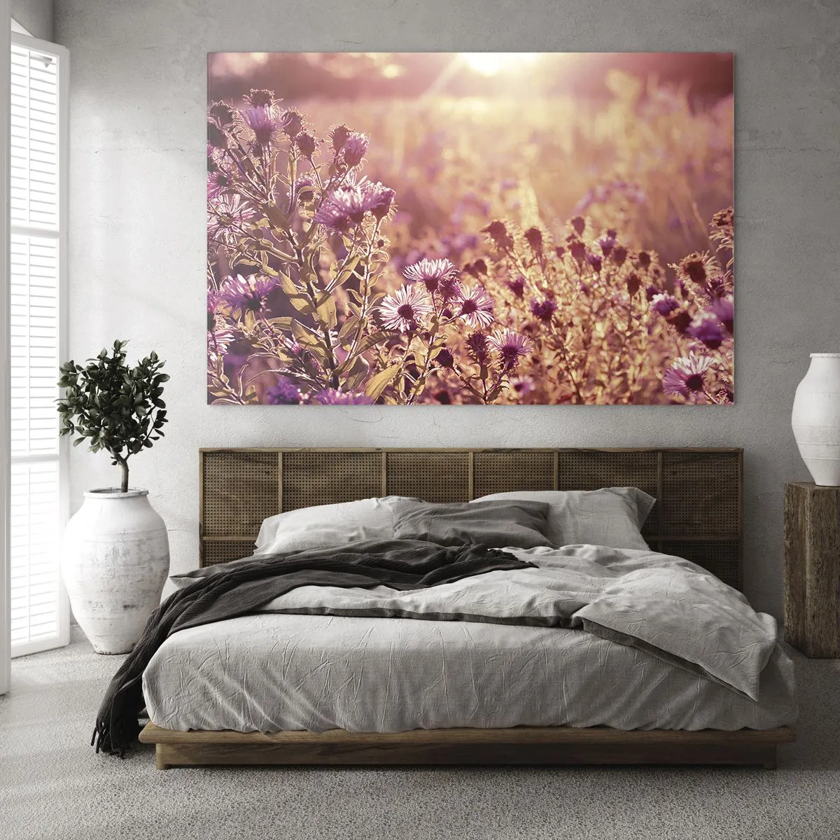 Glass picture - Purple flowers in the meadow in the light of the setting sun - 70x50cm - Before Summer Goes - Modern wall decoration for the living room and bedroom ARTTOR