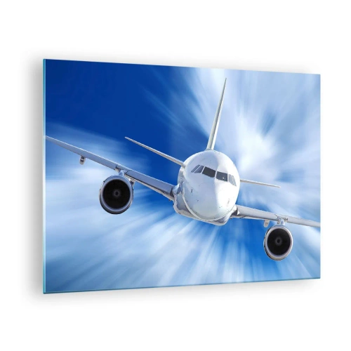 Glass picture - A passenger plane against a dynamic blue sky - 70x50cm - Faster than the Wind in the Sky - Modern wall decoration for the living room and bedroom ARTTOR