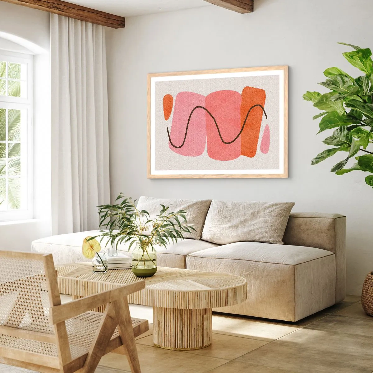 Poster in light oak frame - Gentle Movement of forms - 100x70 cm