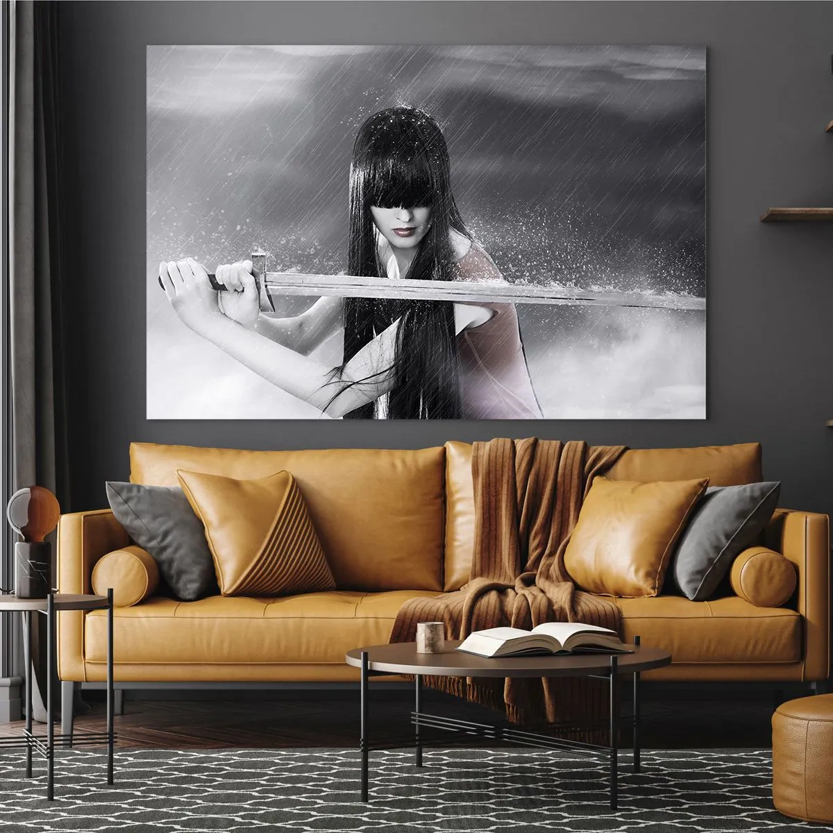 Glass picture - A woman with a sword in the rain on a monochrome background. - 70x50cm - Beautiful and Dangerous - Modern wall decoration for the living room and bedroom ARTTOR