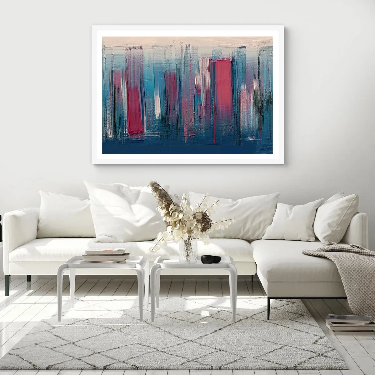 Poster in white frmae - Vertical Composition In Blue And Red - 100x70 cm