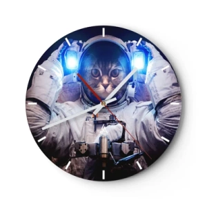 Wall clock - Clock on glass - A cat in an astronaut suit with a blue light in the background. - 30x30cm - Houston, You've Got a Problem - Modern wall decoration for the living room, kitchen, and bedroom ARTTOR