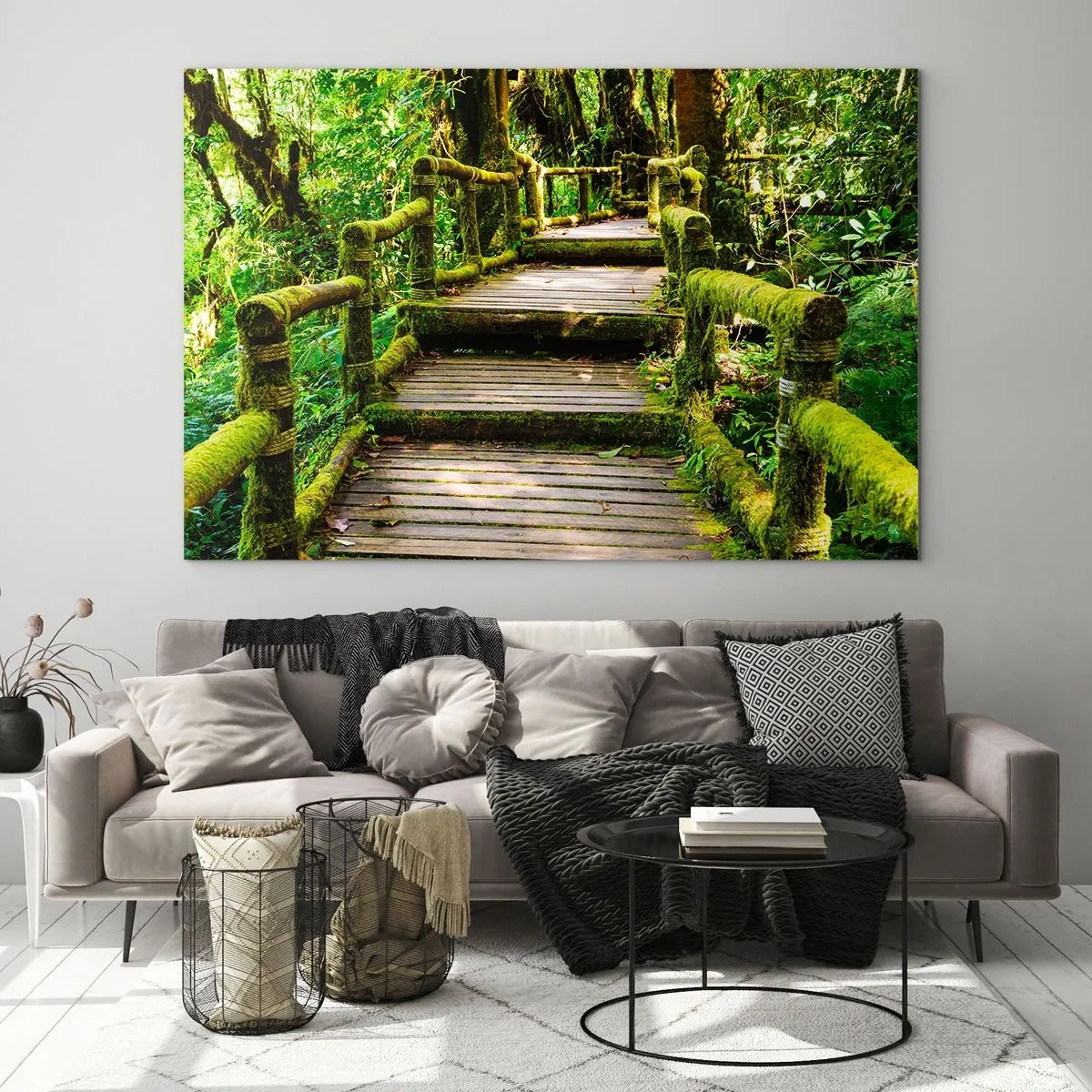 Glass picture - A wooden path in a green forest covered with moss - 70x50cm - Down the Green Path - Modern wall decoration for the living room and bedroom ARTTOR