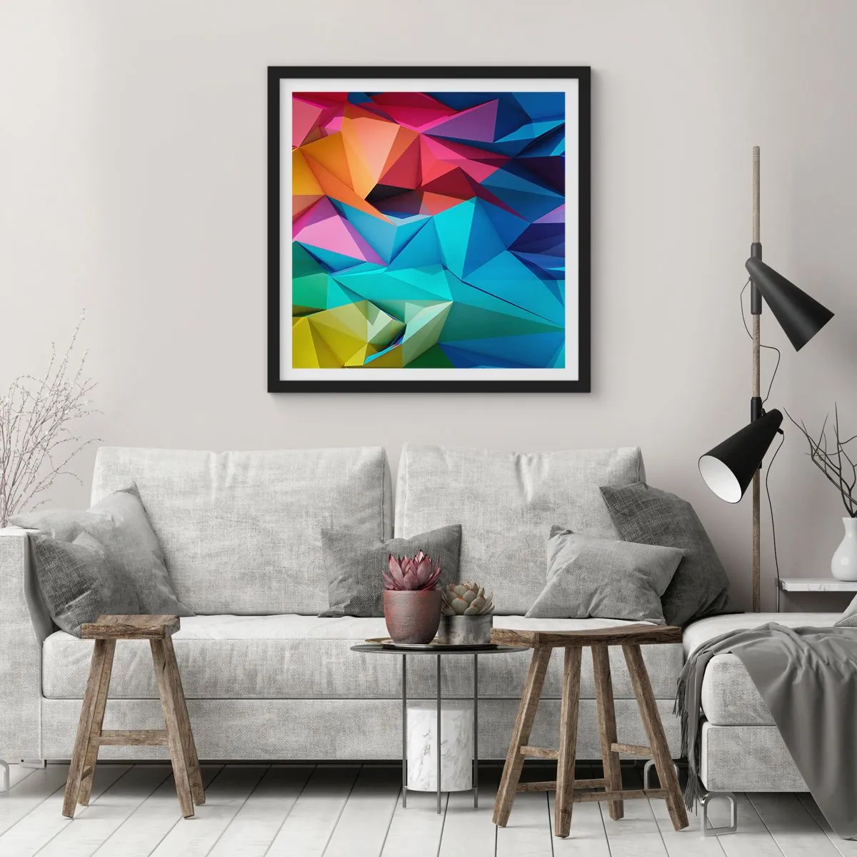 Poster in black frame - Rainbow Origami - 60x60 cm