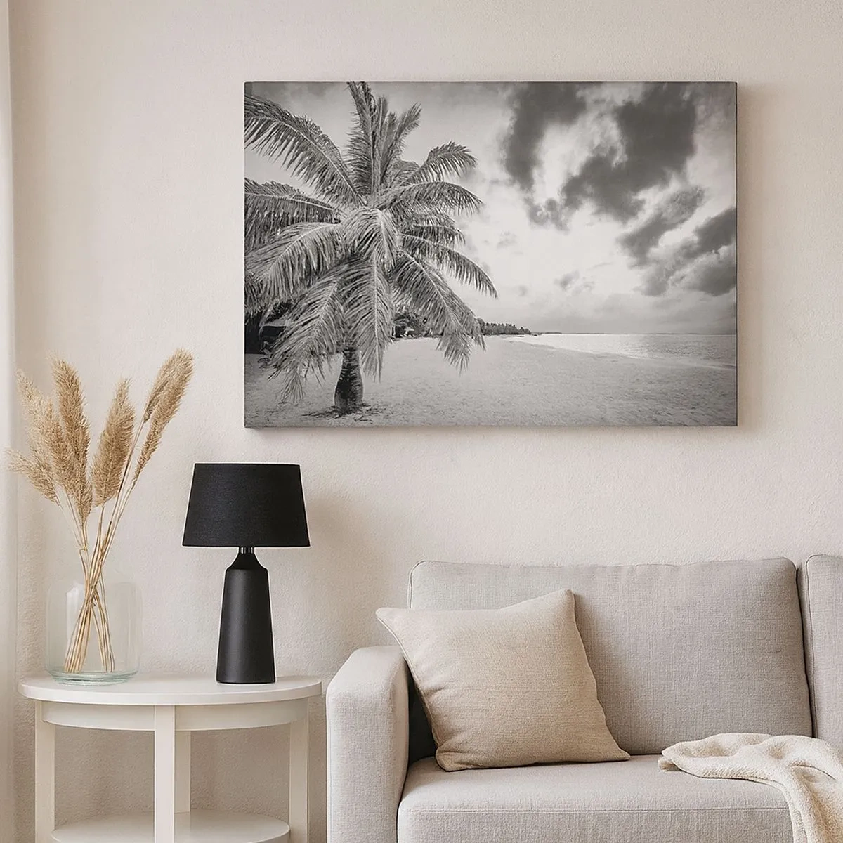 Canvas picture - Black and white palm tree on an empty beach with clouds - 70x50cm - When You Miss Loneliness… - Modern wall decoration for the living room and bedroom ARTTOR