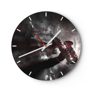 Wall clock - Clock on glass - Saxophonist in the smoke in black and white style - 30x30cm - Lost in the Fog of Jazz - Modern wall decoration for the living room, kitchen, and bedroom ARTTOR