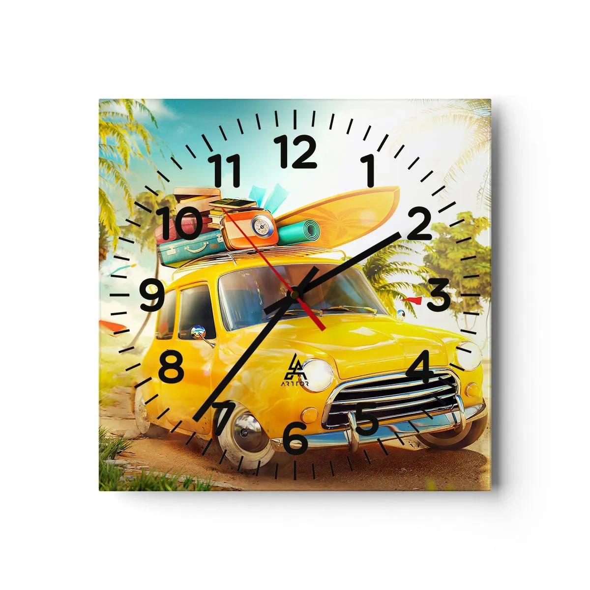Wall clock - Clock on glass - Happy Travels - 40x40 cm