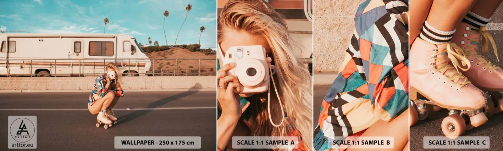 Photo Wallpaper Sample Standard Eco - Smile, Please! - Landscape, Camper, Woman - 100x30 cm