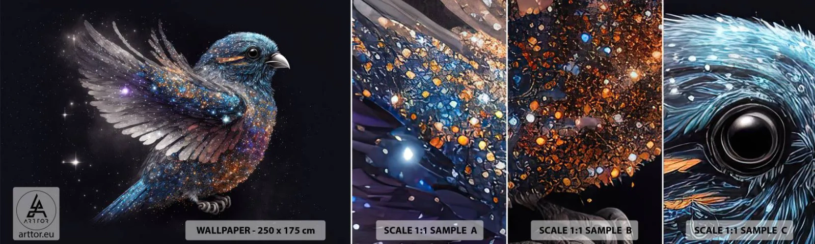 Photo Wallpaper Sample Standard Eco - Diamond Sparrow - Bird, Magic, Cosmos - 100x30 cm