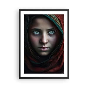Poster in black frame - Portrait of a girl in a red shawl with hypnotizing eyes - 50x70cm - Eastern Princess - Modern wall decoration for the living room and bedroom ARTTOR