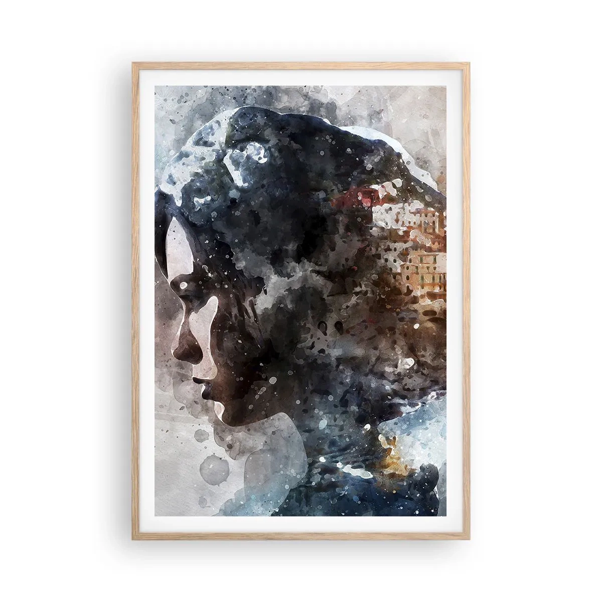 Poster in light oak frame - Tale about a Girl with a City in the Background - 70x100 cm