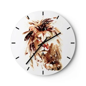 Wall clock - Clock on glass - Portrait of a lion in shades of brown in a dynamic artistic form - 30x30cm - Strength and Dignity - Modern wall decoration for the living room, kitchen, and bedroom ARTTOR