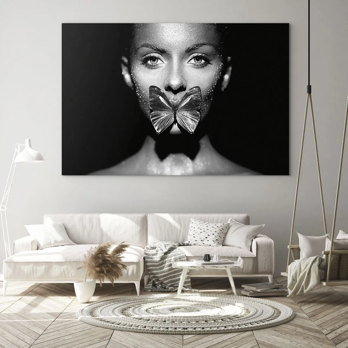 Glass picture - Portrait of a woman with a butterfly on her lips in black and white - 70x50cm - Butterfly Kiss - Modern wall decoration for the living room and bedroom ARTTOR