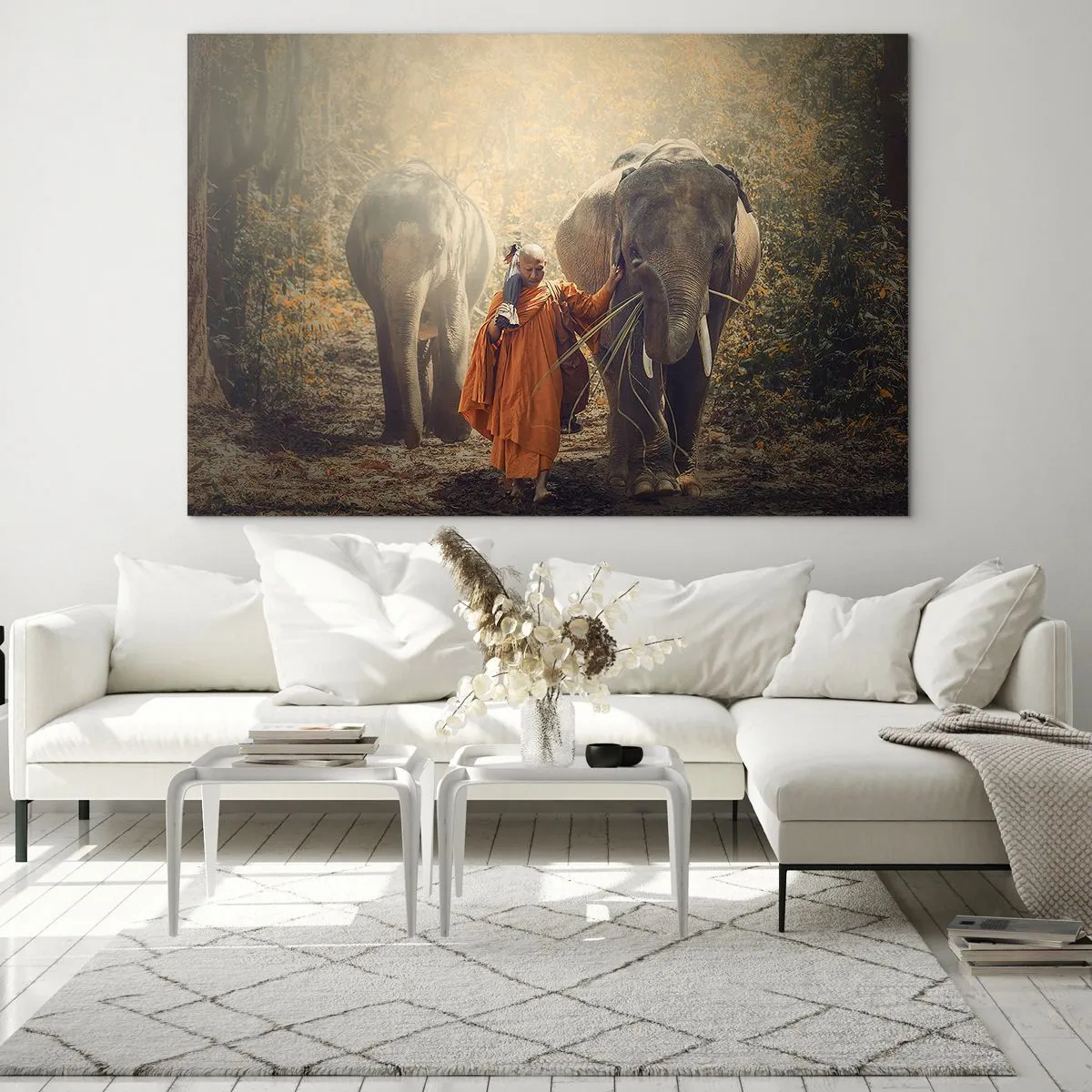 Glass picture - A monk with two elephants in a forest setting - 70x50cm - Full Understanding - Modern wall decoration for the living room and bedroom ARTTOR