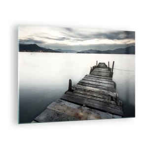 Glass picture - A wooden jetty against the backdrop of a calm lake at dusk - 70x50cm - Submerging in Tranquility - Modern wall decoration for the living room and bedroom ARTTOR