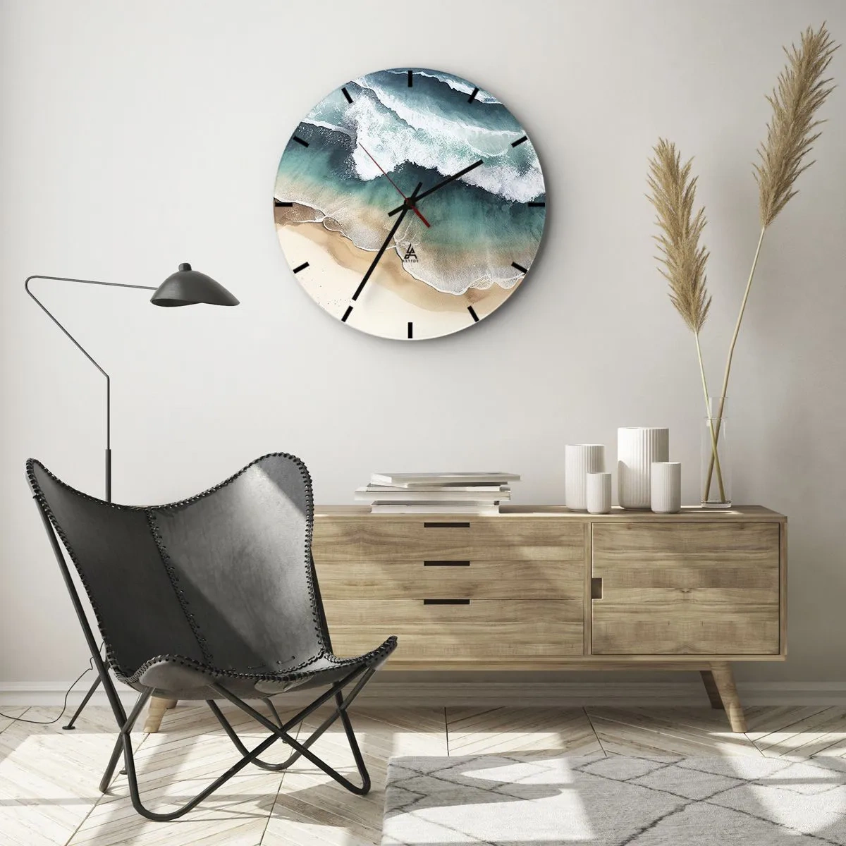 Wall clock - Clock on glass - Sea waves crashing on a sandy beach from a bird's eye view - 30x30cm - Eternal Encounter - Modern wall decoration for the living room, kitchen, and bedroom ARTTOR