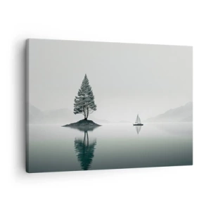 Canvas picture - A minimalist landscape with a tree on an island and a sailboat. - 70x50cm - Daydreaming - Modern wall decoration for the living room and bedroom ARTTOR