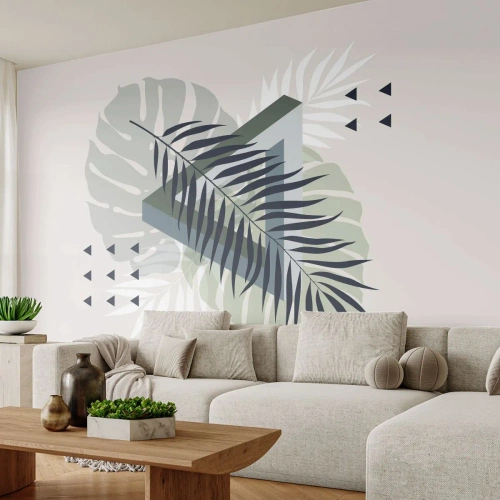 Photo Wallpaper Standard Eco - Nature and Geometry - Two Orders? - Monstera Leaf, Palm Leaf, Graphics - 500x350 cm